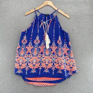 MM MM MM Top Womens Large Blue Orange Paisley Sleeveless Tassel Blouse Pullover
